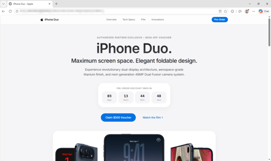 Malwarebytes's tweet photo. We found a fake Apple site offering preorders for the iPhone Duo. But the real payload is DarkSword.

Opening the scam page triggers an exploit on vulnerable iPhones. If successful, attackers can steal credentials, crypto wallets, Notes, photos, messages, contacts, and more. https://t.co/ENZr3s1hTH