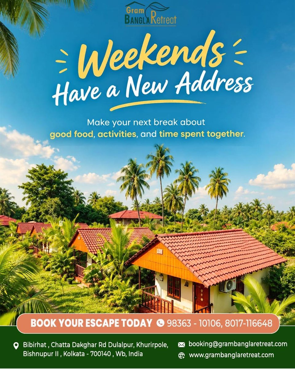 RetreatGram's tweet photo. Give Your Weekend a New Address!
Swap the usual weekend routine for good food, refreshing surroundings, fun activities, and quality time together at Gram Bangla Retreat.
Whether it’s a family outing, a friends’ getaway, or a peaceful break from the city — make your next weekend one to remember.
 98363-10106 | 8017-116648
 booking@grambanglaretreat.com
 https://t.co/e6FVbxHCul
Your next weekend plan is waiting. Book your stay today!
#GramBanglaRetreat #WeekendGetaway #WeekendPlan #KolkataGetaway #Bibirhat #WeekendRetreat #DayOutKolkata #FamilyGetaway #FriendsGetaway #ResortNearKolkata #KolkataTravel #WestBengalTravel