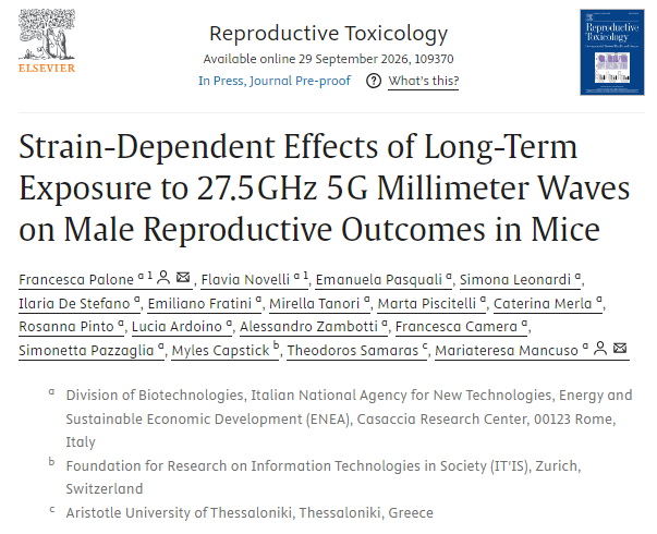 dave_ehs's tweet photo. Open access pre-proof.

'This study demonstrates that chronic 27.5 GHz FR2 exposure can impair sperm function in a strain-dependent manner, with effects strongly influenced by genetic background.'

#Radiofrequency #Radiation 

https://t.co/fFN1kC6EFK https://t.co/O4UICEAkxU