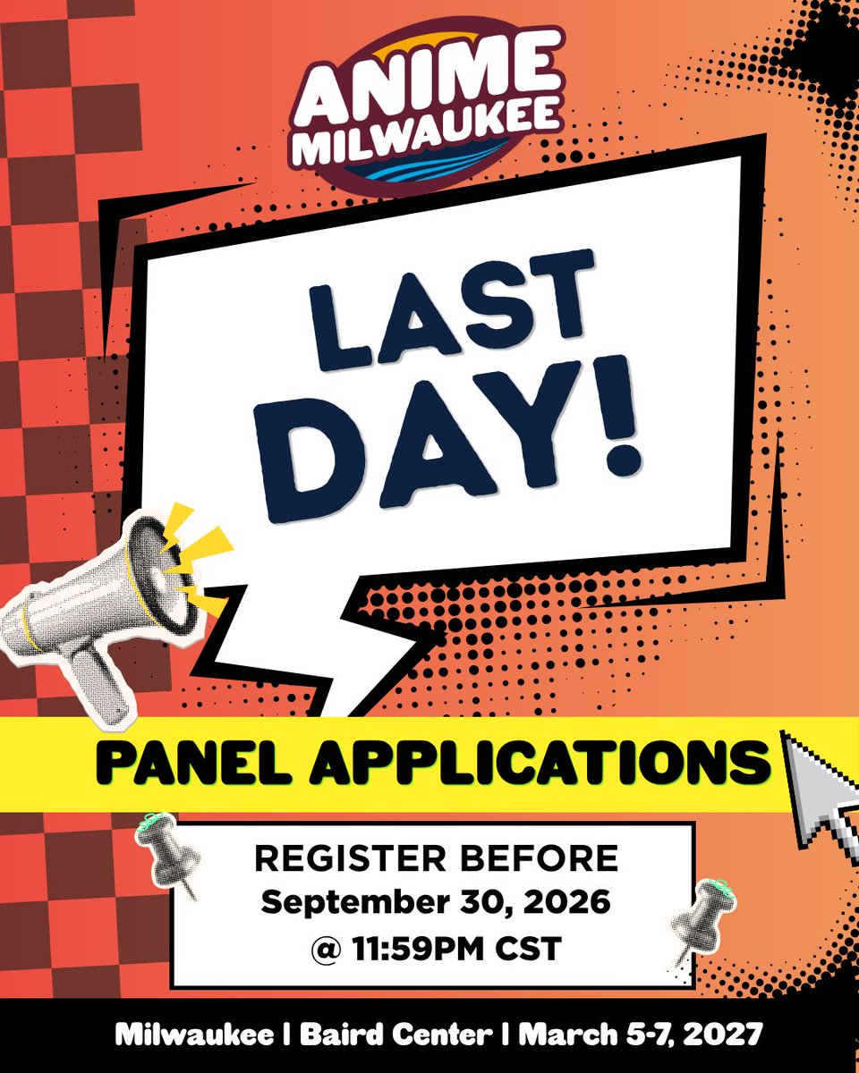 Animemilwaukee's tweet photo. Wanna host a master class in cosplay or wig styling? Or share your unhinged power point about MHA sitting on your laptop?SHARE IT WITH THE WORLD WITH A PANEL AT ANIME MILWAUKEE!

Panel submissions close TONIGHT! @ 11:59 PM CST You can submit them here: https://t.co/v9j0W0stSA https://t.co/eQTnJwLA6o