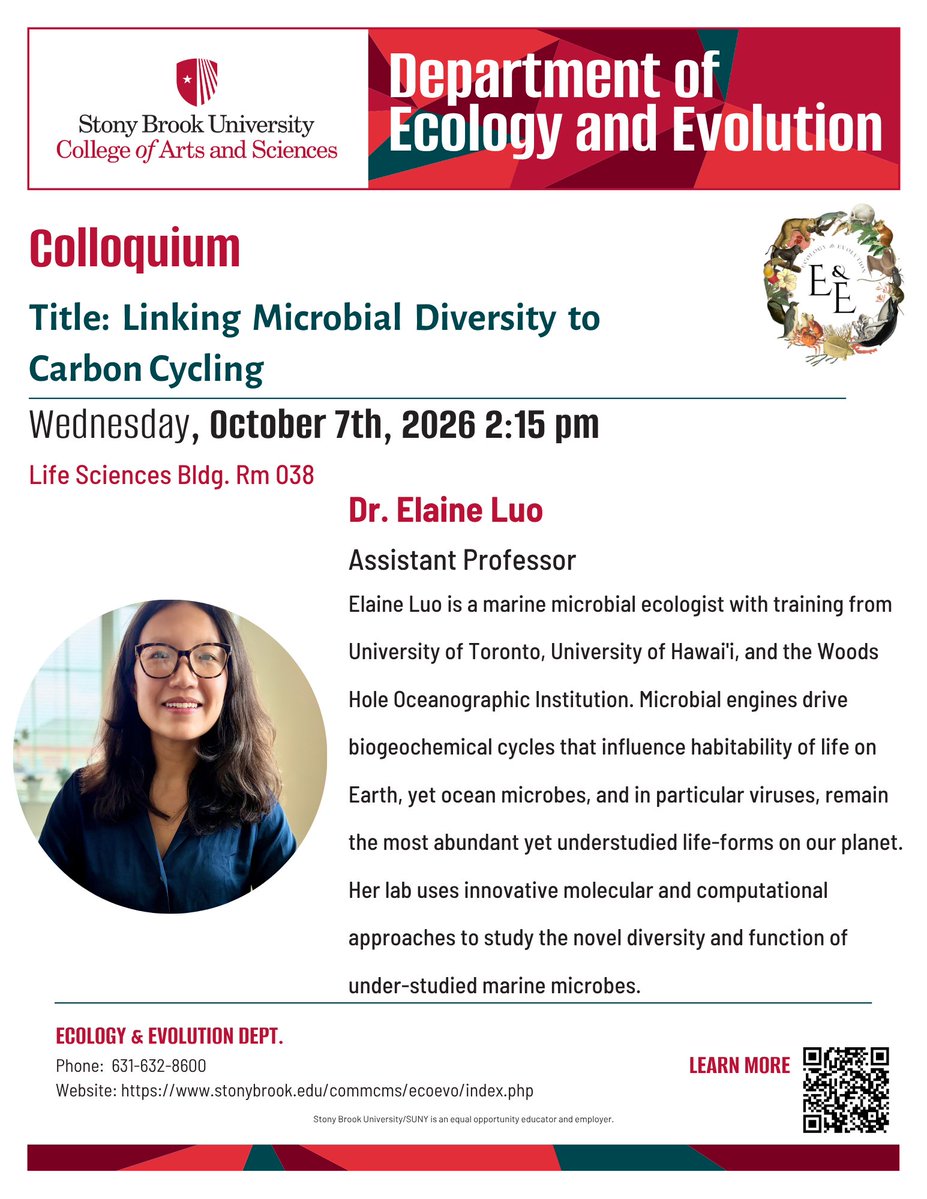 SBUEcoEvo's tweet photo. 🌱 Come join us tomorrow!

Come to E&amp;E this Wednesday for a Colloquium with speaker Dr. Elaine Luo titled "Linking Microbial Diversity to Carbon Cycling."

📍 Life Sciences Building Room 038
📅 Wednesday, Sept 30th 2026 | 2:15 pm https://t.co/mSRl6wKGjz