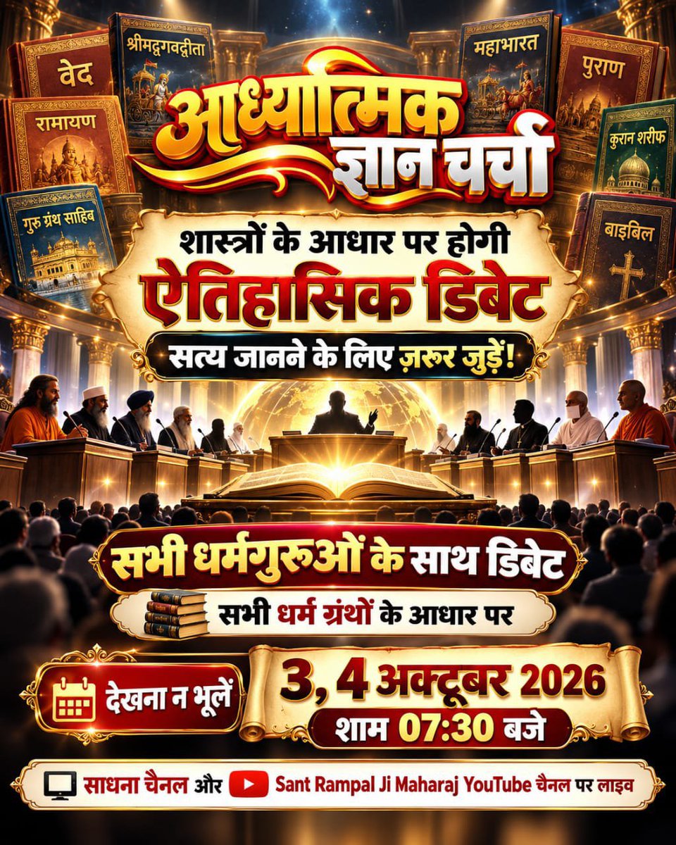 ShubhamDas_'s tweet photo. #Historic_Debate_of_50_Lakhs
Spiritual Knowledge Ganga 
The Conch Call of Scriptural Debate:
Open Invitation from Sant Rampal Ji Maharaj to All Religious Leaders of the World.
Watch the Historic Debate on 3, 4 October
Live on Sadhna Channel at 07:30 PM

Challenge By Sant RampalJi https://t.co/uiHYfsEn5y