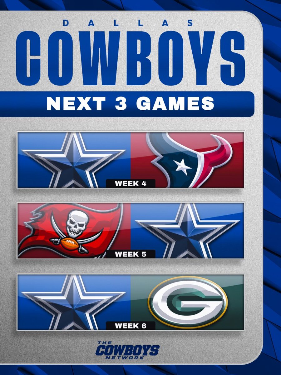 TheCowboysNet's tweet photo. #DallasCowboys next 3 matchups. How many wins will the Cowboys have over their next 3 games? https://t.co/uaPfxW8R6X