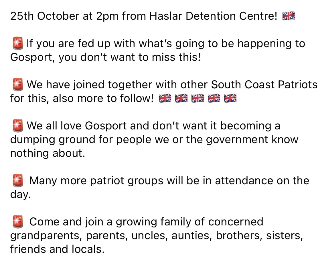 1TRowan1's tweet photo. With the governments plan to use ex Naval base Blockhouse in Gosport as a processing centre for illegals and with the second phase of Haslar dentition centre likely to go ahead within a mile away, making it the largest in the UK we have a massive demo coming up.. 
We also have Chichester/Bognor/Havant and Weymouth patriots getting involved, the government have picked the wrong town we won’t make it easy for them 👊🏻