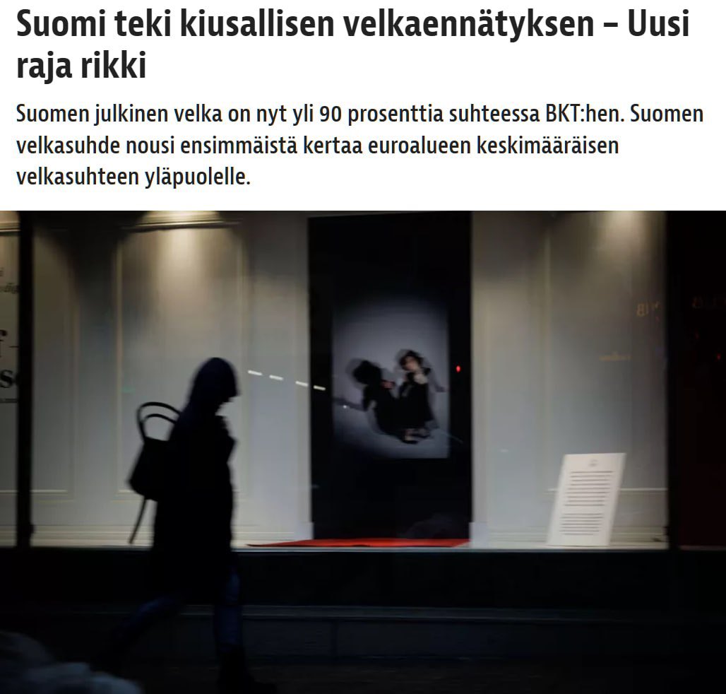 AnglicaAnnll's tweet photo. ⚡️🇫🇮La deuda pública de Finlandia batió un "récord vergonzoso" al alcanzar el 90,3% del PIB del país, según el diario Iltalehti.
Por primera vez, el ratio de deuda finlandés superó la media de la eurozona. Desde el año pasado, la deuda pública aumentó en 13.600 millones de euros. https://t.co/77EgXessro