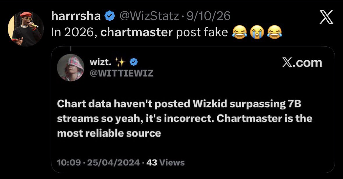 felix23619's tweet photo. @WizStatz Same Chartmaster that you’ve been believing all years 😂 using to push your stvpid “Wizkid is the most streamed agenda” even when we tried to use logic with you

Same Chartmaster is now inaccurate now because it doesn’t favor you this time 

Make ogun fok your mama toto 🙏 https://t.co/HkJHR27yd4