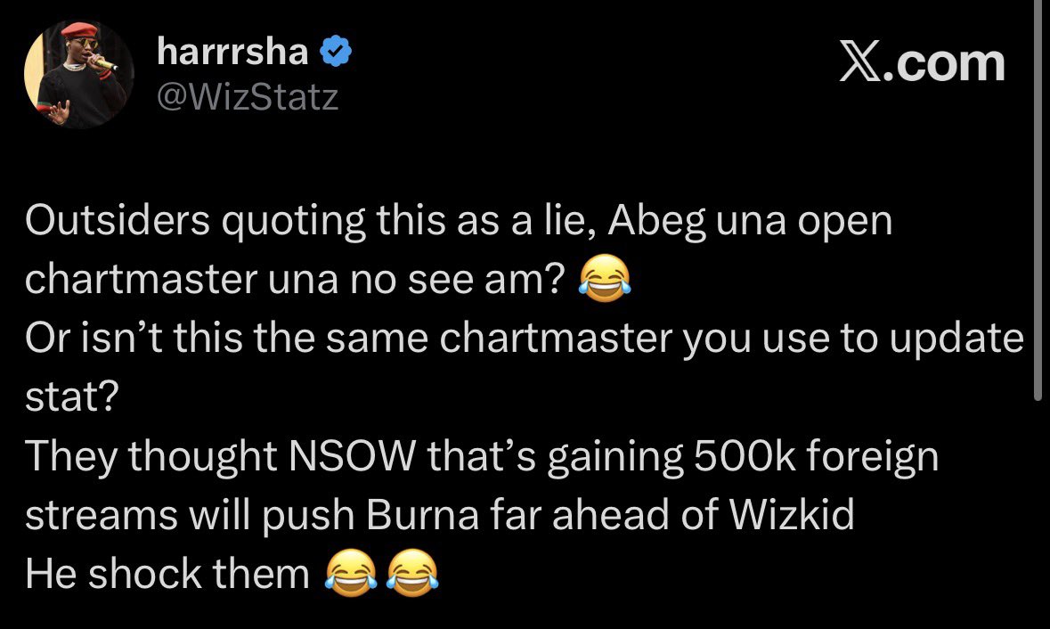 felix23619's tweet photo. @WizStatz Same Chartmaster that you’ve been believing all years 😂 using to push your stvpid “Wizkid is the most streamed agenda” even when we tried to use logic with you

Same Chartmaster is now inaccurate now because it doesn’t favor you this time 

Make ogun fok your mama toto 🙏 https://t.co/HkJHR27yd4