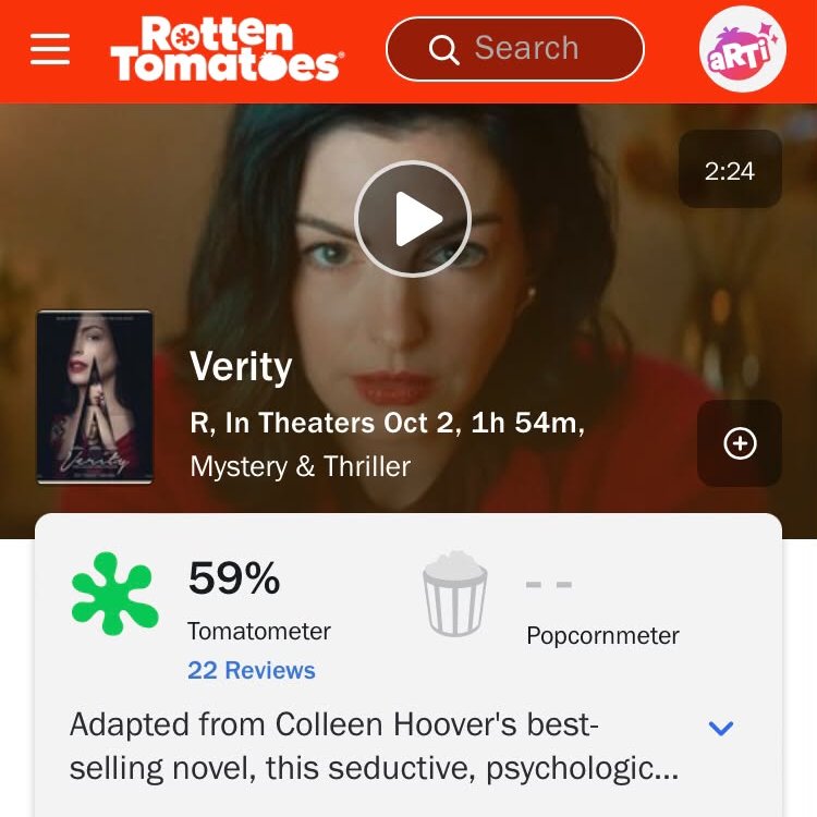 tracklist's tweet photo. 🚨 “Verity”, filme estrelado por Anne Hathaway e Dakota Johnson, debutou com 59% de aprovação da crítica no Rotten Tomatoes (22 avaliações). https://t.co/r9TW9xhXXf