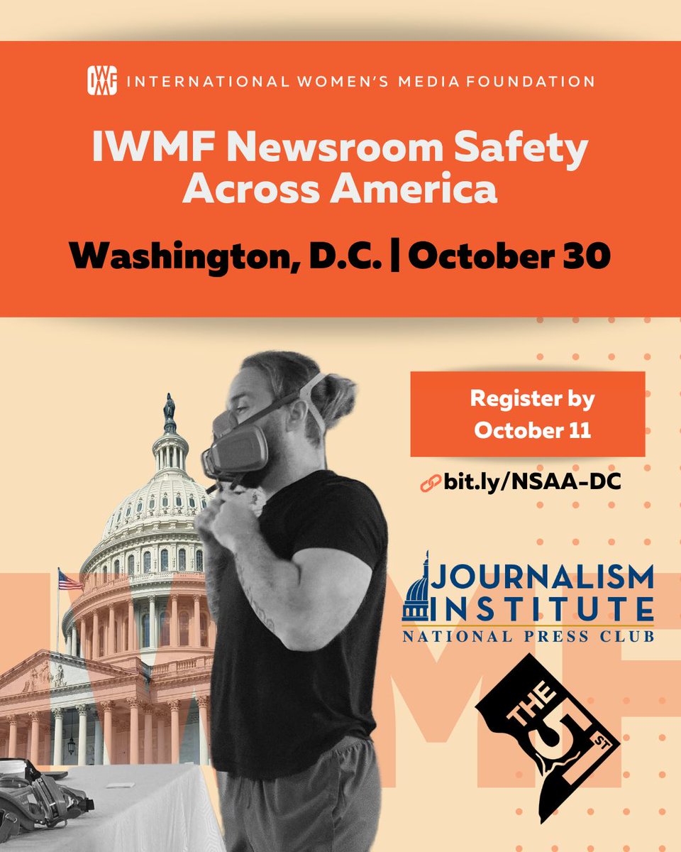 IWMF's tweet photo. 📍 Washington, DC! Join the IWMF, @PressClubDC and @51stnews for a free newsroom safety training on Oct. 30, covering physical, digital, legal &amp; emotional safety for freelance and staff journalists.

⚠️ Space is limited. Apply by Oct. 11: https://t.co/Kc61Q5ckqu https://t.co/klideRHUVD