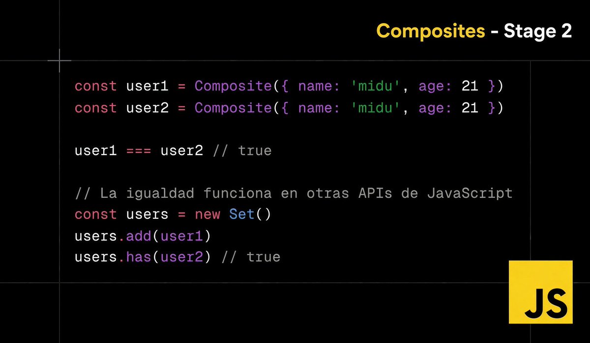midudev's tweet photo. ¡JavaScript sigue evolucionando! Prepara objetos que se comparan por valor.

Composites avanza a Stage 2 en TC39.

Dos objetos con el mismo contenido podrán ser === aunque se creen por separado.

También funciona por valor en Set y como llave de Map. https://t.co/TDYRZO8NrN