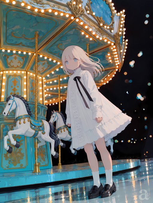 An anime-style illustration depicts a girl with long silver hair and a white dress standing before an ornately decorated, illuminated carousel with white horses.