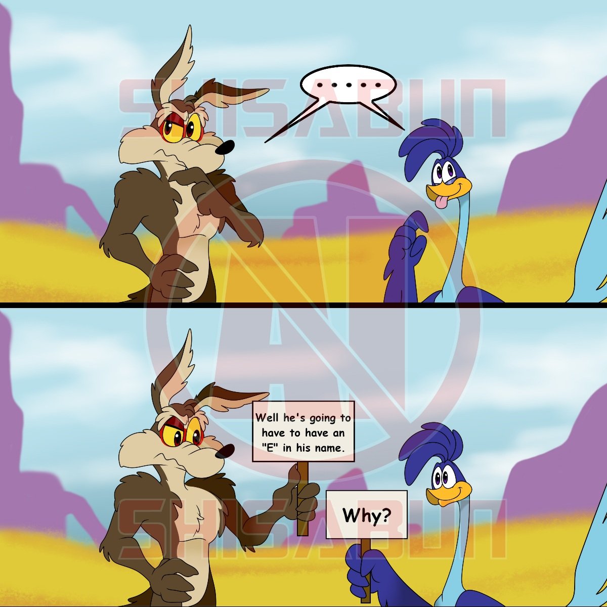 ShisaBun's tweet photo. Wile and Roadie are debating names for their newly aquired chick?pup? Wile was raised to stick to coyote family traditions, but do those count when youe kid is a road runner? 

#wileroad #wilerunner #coyotevsacmeㅤㅤ https://t.co/0nj9OFvjy8