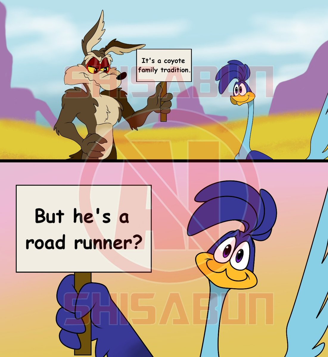ShisaBun's tweet photo. Wile and Roadie are debating names for their newly aquired chick?pup? Wile was raised to stick to coyote family traditions, but do those count when youe kid is a road runner? 

#wileroad #wilerunner #coyotevsacmeㅤㅤ https://t.co/0nj9OFvjy8