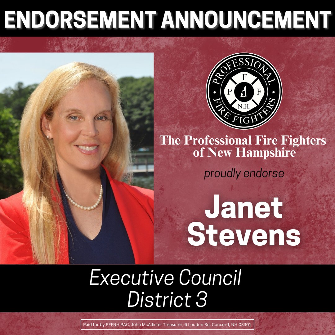 PFFNH's tweet photo. Executive Councilor Stevens has been a steadfast champion for public safety and working families across New Hampshire. Her dedicated leadership, accessibility, and commitment to supporting critical public safety resources make her a vital ally on the council. https://t.co/ILYuzIYTlk