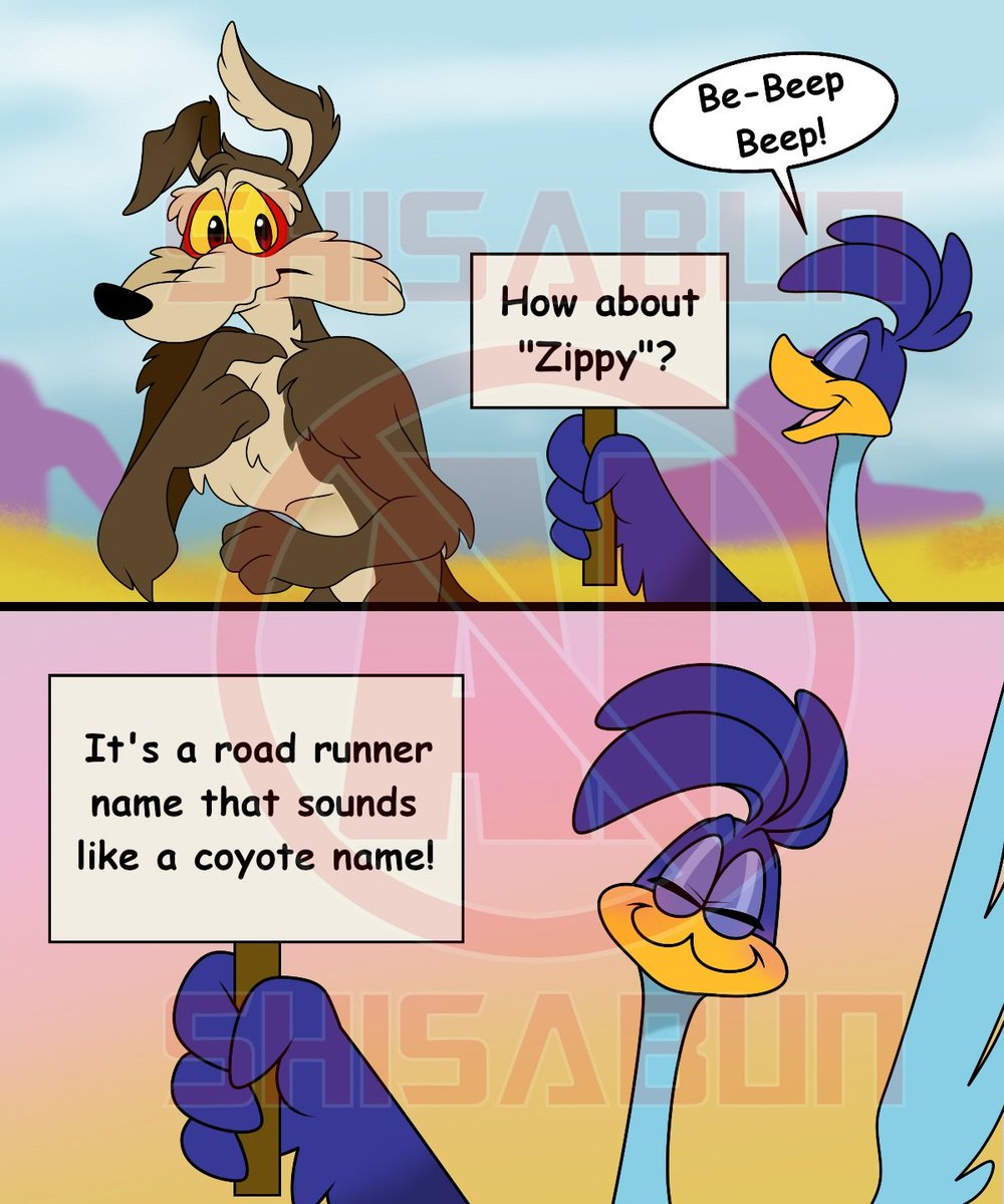 ShisaBun's tweet photo. Roadie knows that some things are an easy compromise. Kids a road runner with a coyote dad? Give him a coyote sounding road runner name. Easy peasey. https://t.co/c5DnU3h7Ji