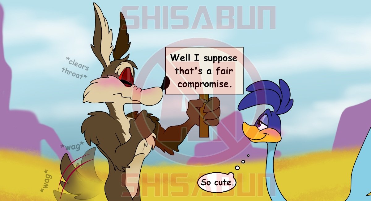 ShisaBun's tweet photo. Roadie knows that some things are an easy compromise. Kids a road runner with a coyote dad? Give him a coyote sounding road runner name. Easy peasey. https://t.co/c5DnU3h7Ji