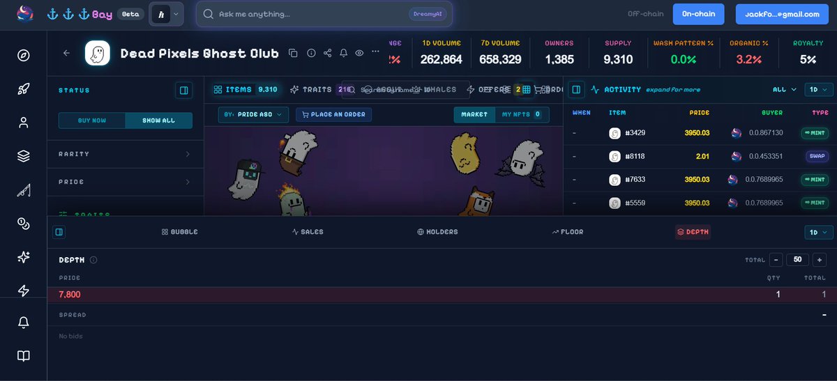 DreamBayio's tweet photo. A collection can have a 50 HBAR floor and still tell you very little. 🌊

The real question is: what’s happening behind that floor?

On DreamBay, you can look beyond the floor price and check Market Depth to get a better view of the orders sitting across different price levels. 🌙🐳

For traders, that extra context can make a big difference before making a move.

What do you check first, floor price or market depth? 👀