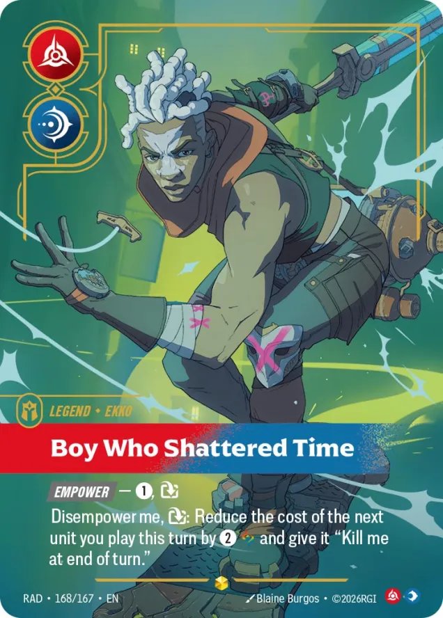 RiftboundReport's tweet photo. Ekko's Legend, Boy Who Shattered Time, Overnumbered &amp; Signature Legend has been revealed by @GameSpot in their recent Riftbound article!

🔗 https://t.co/Rk1TDhZp3i

#RBRadiance https://t.co/JbxnBkg14g