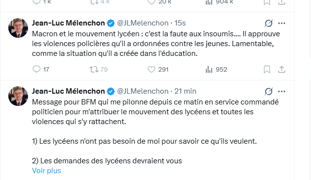 FredericLefevre's tweet photo. ça panique sec chez Mélenchon-LFI.

On est passé des gentils lycéens "inoffensifs", "sans activités criminelles" à "violences légitimes"...puis maintenant à "LFI n'est pour rien dans les violences".😀

La gestion de crise n'est pas au point. 😀😀 https://t.co/KqW8lphzLI