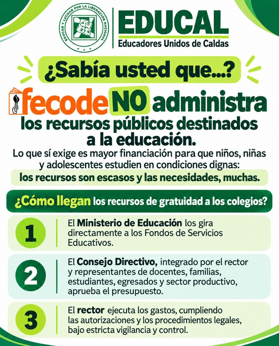 EducalSindicato's tweet photo. @fecode no administra los recursos de gratuidad: Sí lucha por mayor financiación, porque los recursos son escasos y las necesidades, muchas.
Defender a FECODE es respaldar su lucha por una educación pública digna. #EDUCAL https://t.co/5cUjVaTdxr