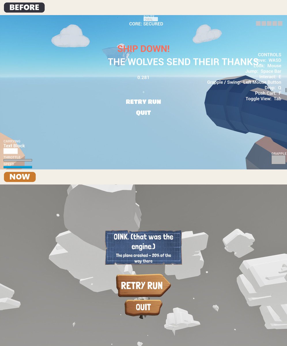 CloudCloverStds's tweet photo. UI glow-up ✨️ 
Top: before. Bottom: now. We overhauled the whole UI and HUD.
The demo is ready and waiting on Steam approval. Wishlist so you're first to know when it lands!

#indiegame #gamedev #WhenPigsFly https://t.co/UkLkZOwI3N