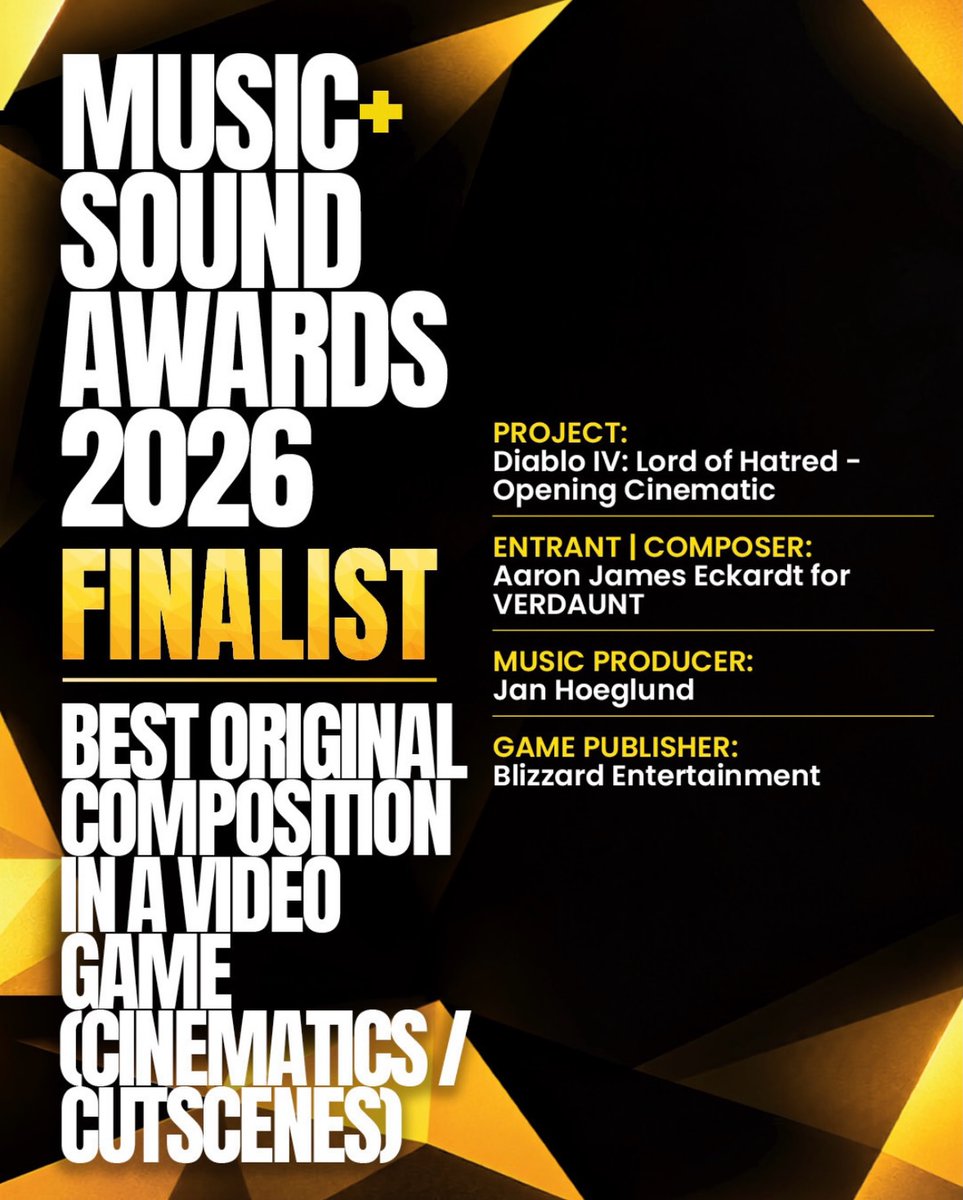 BlizzardMC_RU's tweet photo. "Diablo IV: Lord of Hatred" was been nominee at the "Music + Sound Awards" 2026.

🏆 Best Original Composition in a Video Game (Cinematics / Cutscenes)
Composed by Aaron James Eckardt for VERDAUNT

#Blizzard #Diablo #BlizzardEntertainment #Diablo4 #DiabloIV https://t.co/48Xq9rGPTv