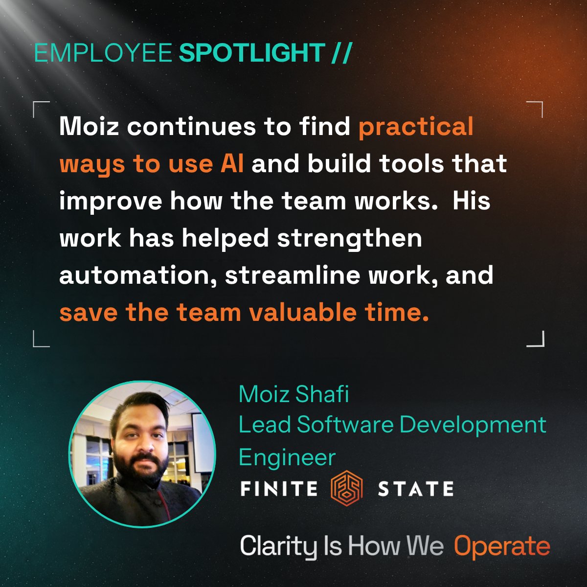 FiniteStateInc's tweet photo. ✨ Employee Spotlight: Moiz Shafi

Moiz brings Leverage to life by using AI and automation to streamline workflows, build scalable solutions, and save valuable time across the engineering team. Thanks, Moiz, for continuing to improve how we work!

#EmployeeSpotlight #FiniteState https://t.co/ZOOxptlTEW