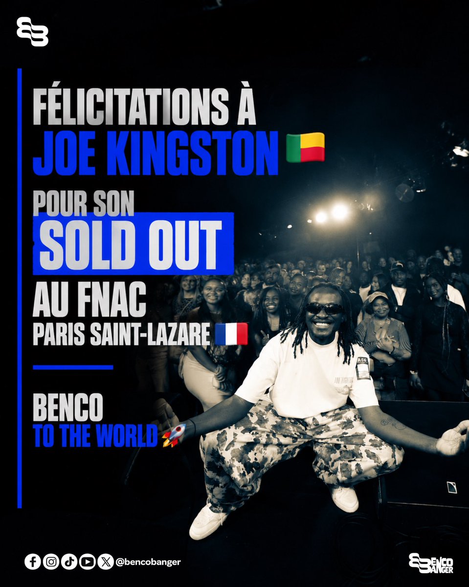 BencoBanger229's tweet photo. 🚨 FÉLICITATIONS À JOE KINGSTON 🇧🇯🔥

Mission accomplie à Paris ! 🇫🇷 @joekingston24 affiche sold out à la FNAC Paris Saint-Lazare et continue de faire rayonner la musique béninoise au-delà de nos frontières. 🌍🚀

Benco to the World ! 🇧🇯🌍

#bencobanger🇧🇯 https://t.co/KCCXEfIl8x