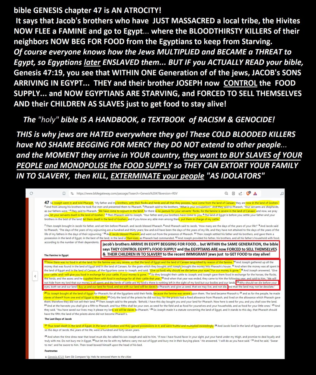 DarkMarkets's tweet photo. leviticus 25:44 "Thou shalt buy [= MAKE!] SLAVES of the 'people of the nations' [= 'goyim']   around you..."

 "...OF THE CHILDREN  of goyim [non-jews]  
who LIVE AMONG YOU... YOU MAY BUY THEM 
AS SLAVES... and LEAVE THEM UNTO YOUR children
 AS SLAVES... unto perpetuity..."  

 -   "THEY" believe THEY ARE COMMANDED 
by g-o-d TO conquer, massacre, EXTERMINATE
 and ENSLAVE the ENTIRE human race... 

exactly as deuteronomy 20, genesis 34, Joshua 6, numbers 31, isaiah 19, the entire "exodus,"  conquest of Canaan    and so many  other appalling DRENCHED IN human BLOODSHED  awful bible verses spell out  
in plain english, greek, hebrew, latin....