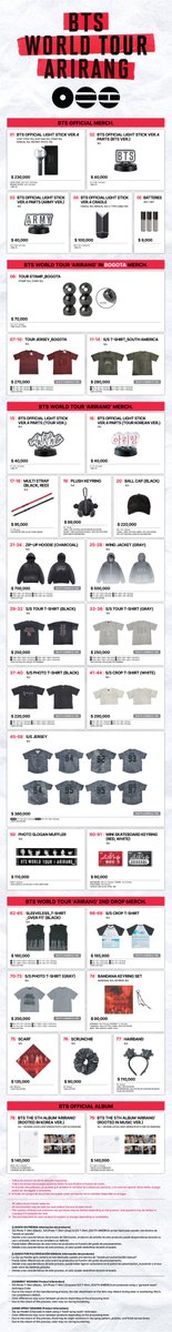 BTSDailyChile's tweet photo. 🇨🇴 BTS WORLD TOUR ‘ARIRANG’ IN BOGOTÁ | MERCH Y LIGHT STICK

HYBE informó los detalles para la venta de merch oficial y el funcionamiento del Light Stick durante los conciertos del 2 y 3 de octubre en el Estadio El Campín.

🛍️ MERCH OFICIAL
• 1 de octubre: 08:00–17:00 en Proyecto Kinder.
• 2 y 3 de octubre: venta en distintos puntos del Estadio El Campín desde las 08:00.
• Pago en efectivo o tarjeta, únicamente en COP.
• No se entregarán bolsas.
• Productos sujetos a disponibilidad. 

📍 No se recomienda hacer filas durante la noche.

💡 LIGHT STICK
• No será necesario sincronizarlo con el asiento mediante la app.
• BTS OFFICIAL LIGHT STICK Ver.4 se sincronizará automáticamente al encenderlo.
• Ver.3 y SE no serán compatibles con los efectos inalámbricos.
• Usar 3 pilas alcalinas AAA nuevas.

Más detalles:
https://t.co/V4tfdKtU2U