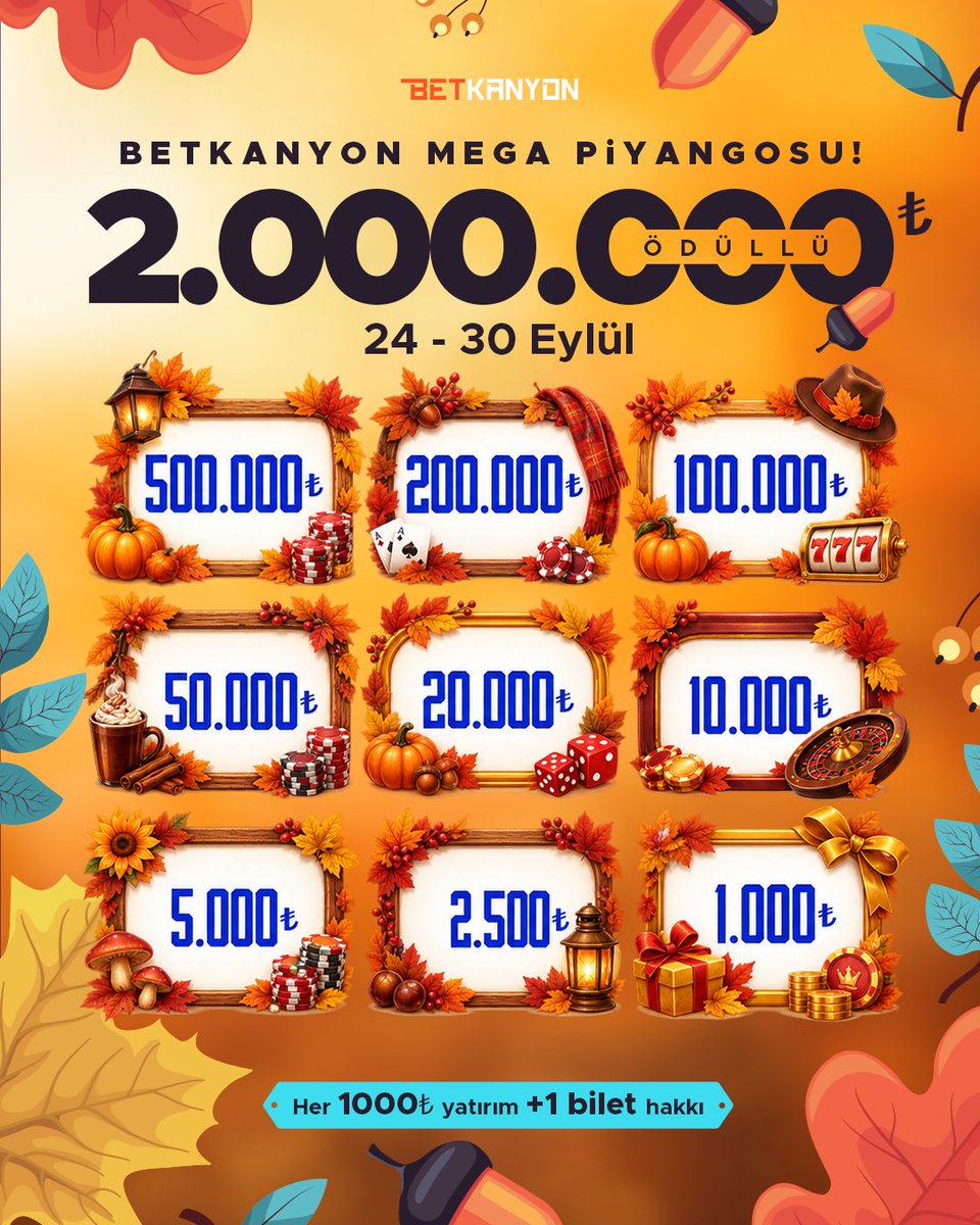 BkanyonResmi11's tweet photo. 👉 https://t.co/QZlrlwpXzB
🔥 2 MİLYON ÖDÜLLÜ MEGA PİYANGO’DA SON GÜN! ⏰
Betkanyon'a üye ol, yatırımlarınla ödül havuzunda kazanma fırsatını kaçırma! 🎁💸
Her 1000₺ ve üzeri yatırımına + 1 bilet kazan, şansını katla! 🎟️ https://t.co/AlCDOR6js7