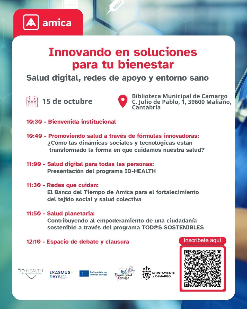 asociacionamica's tweet photo. 👉 ¡Inscríbete a nuestra jornada sobre salud y bienestar!
https://t.co/9FqWOzGePY

📅 15 de octubre | 🕥 10:30-12:30 h
📍 Biblioteca Municipal de Camargo https://t.co/YUTsmCoIoI