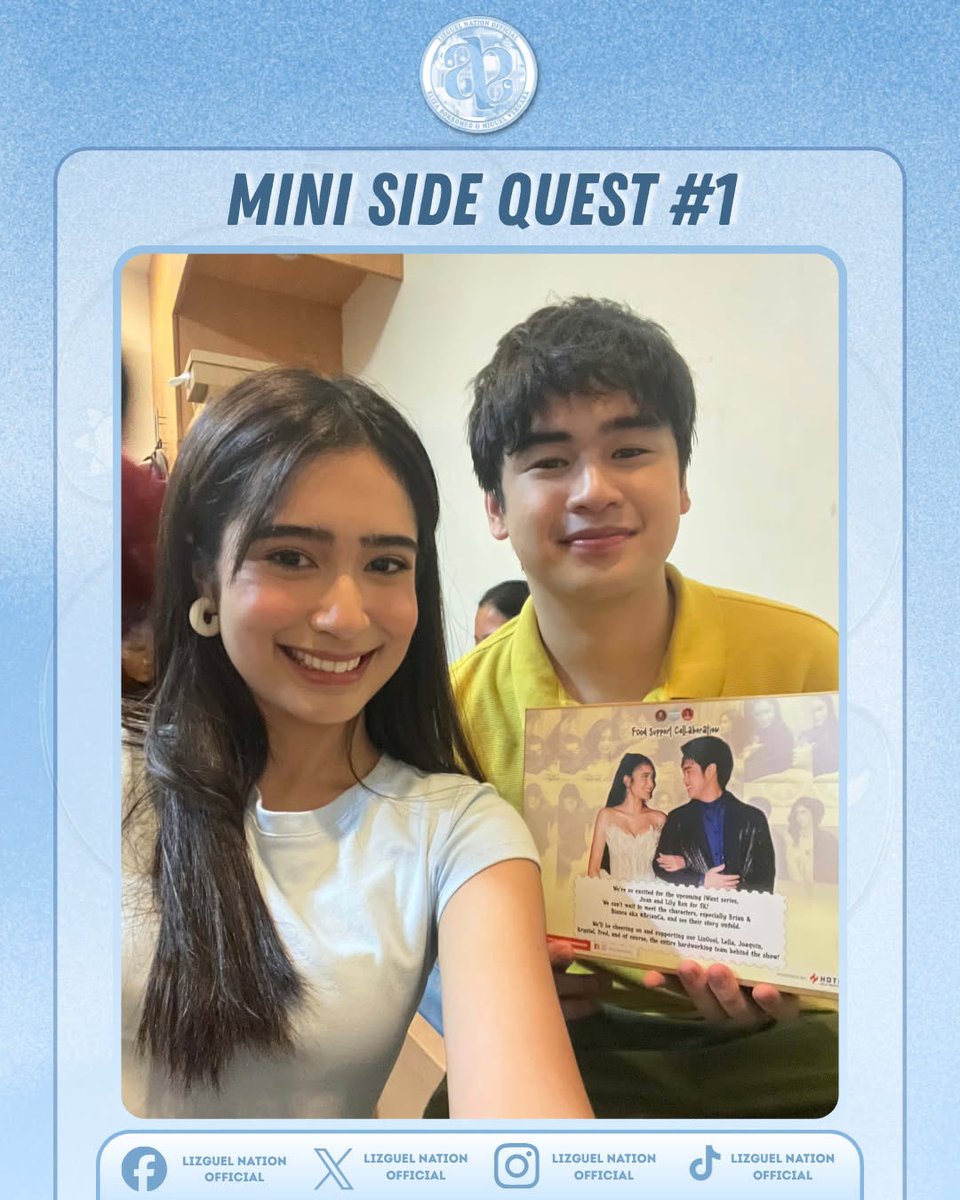 LizGuelOFC's tweet photo. 🎮✨MINI SIDE QUEST #1: COMPLETED!✨🎮

We hit the target and now we’ve unlocked the LizGuel photo from their taping today! 📸🔓

Thank you to everyone who helped us reach the goal. That was a quick turnaround! 🤯🩵

Quest cleared. ✅

#LizGuel
#ElizaBorromeo | #MiguelVergara https://t.co/kyzrfzu24e