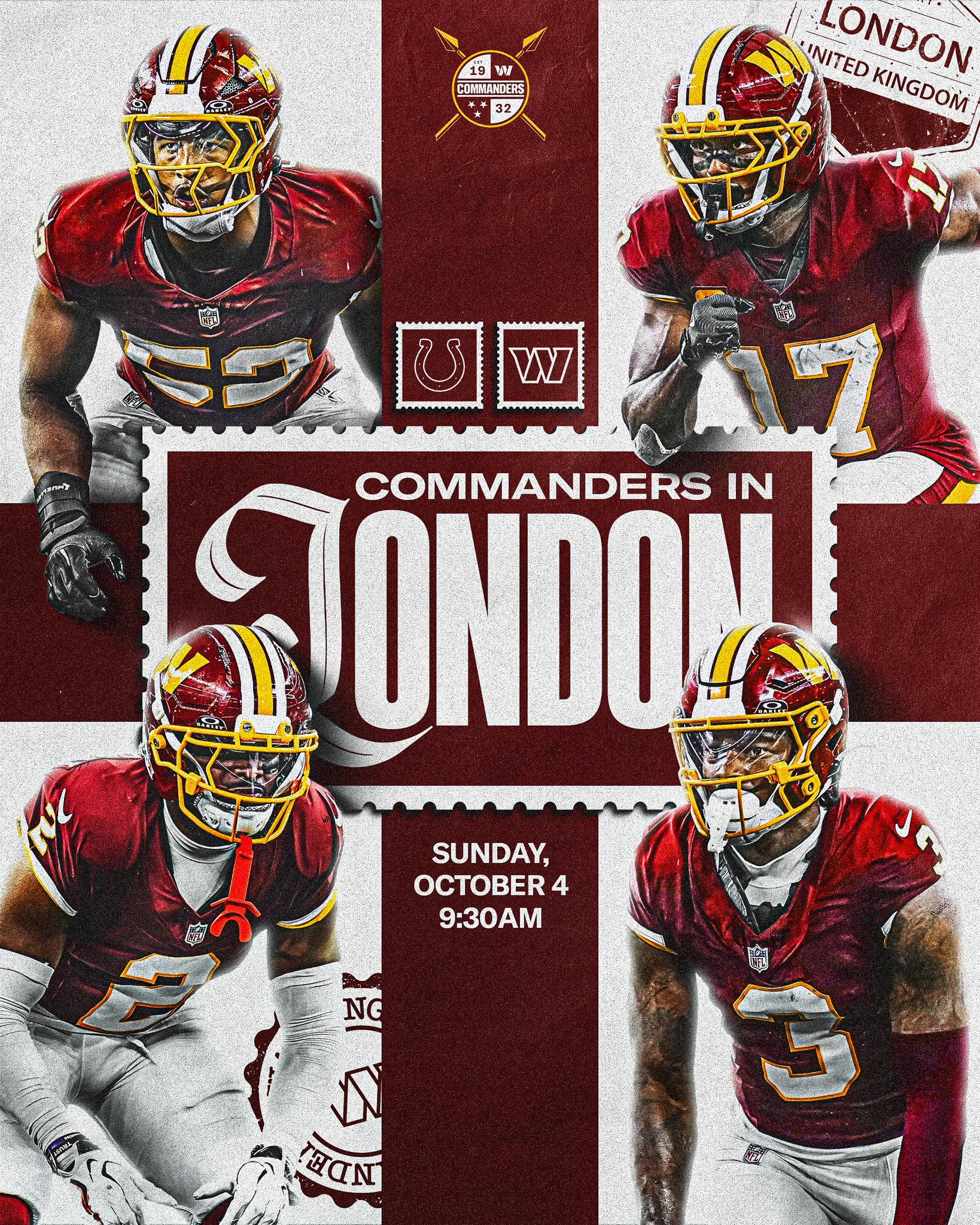 Graphic that says "Commanders in London" and features pictures of Sonny Styles, Amik Robertson, Terry McLaurin and Stefon Diggs.