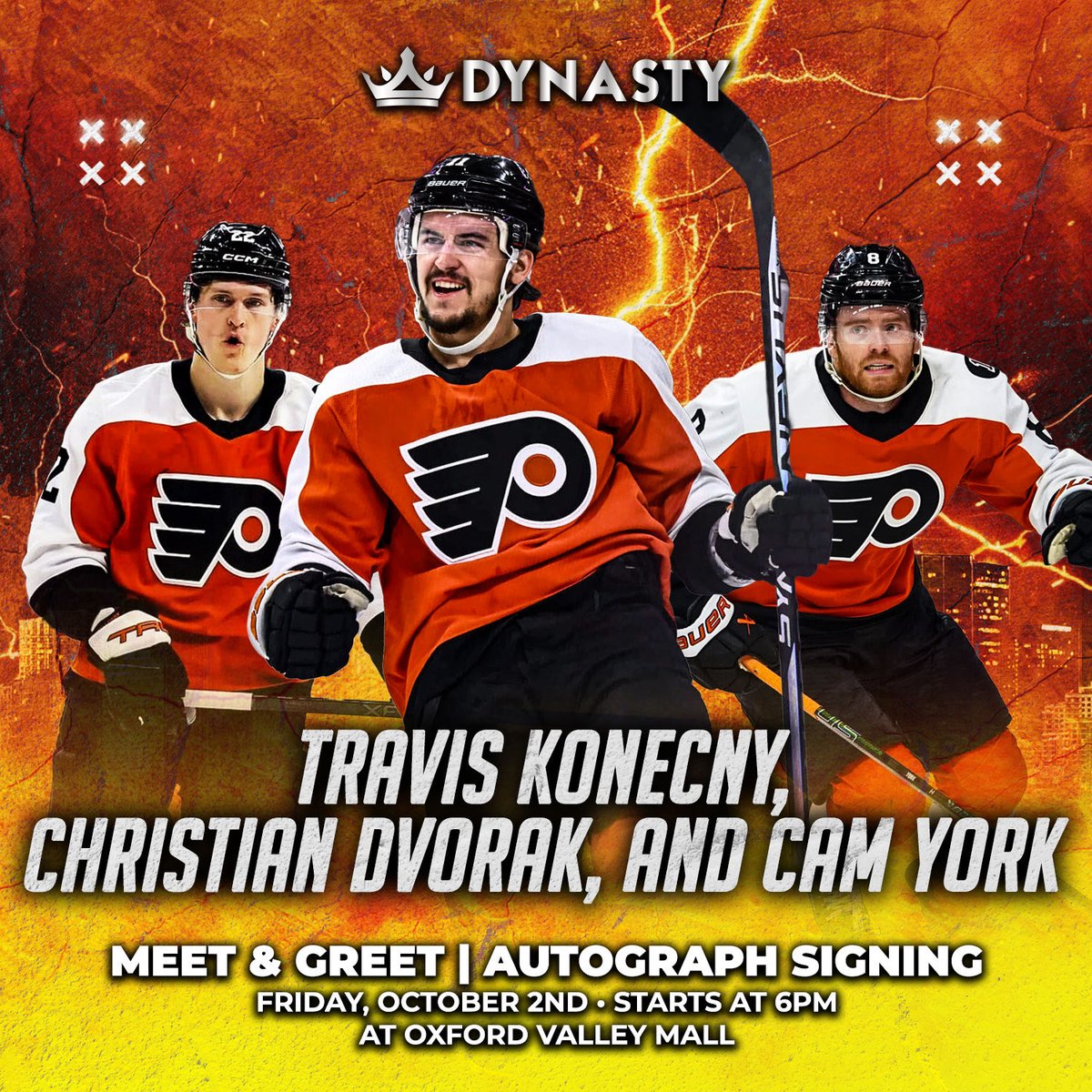 FlyersNation's tweet photo. 🚨 GIVEAWAY ALERT 🚨

In honor of the opener…we’re giving away one more autograph or photo-op for @DynastySportsPA’s meet & greet with Travis Konecny, Christian Dvorak, and Cam York on Friday 🔥

TO ENTER:

1) Retweet

2) Must be following @DynastySportsPA and @FlyersNation

Winner selected tomorrow (choose your favorite player)! 

Still need tix? See here --> https://t.co/5beYwdBf8O