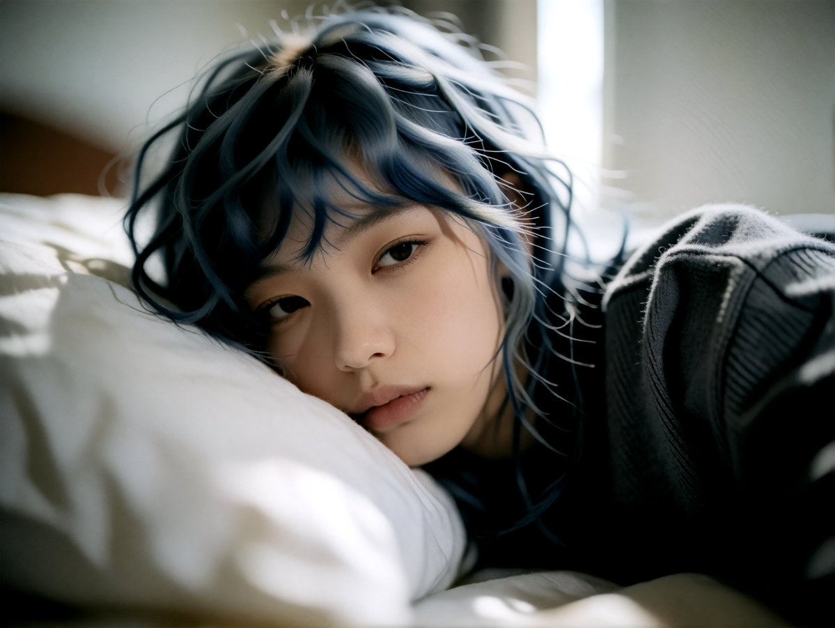 frozen_shion's tweet photo. 昨日は遅くまで写真のレタッチ作業。 まだ全然眠いです……。 

正直、今日はもう布団から出たくない。 

📸：自分 

#氷河紫音 #AIフォトアイドル #推し活 #自撮り #おうち時間 https://t.co/IPgIVmtfK1