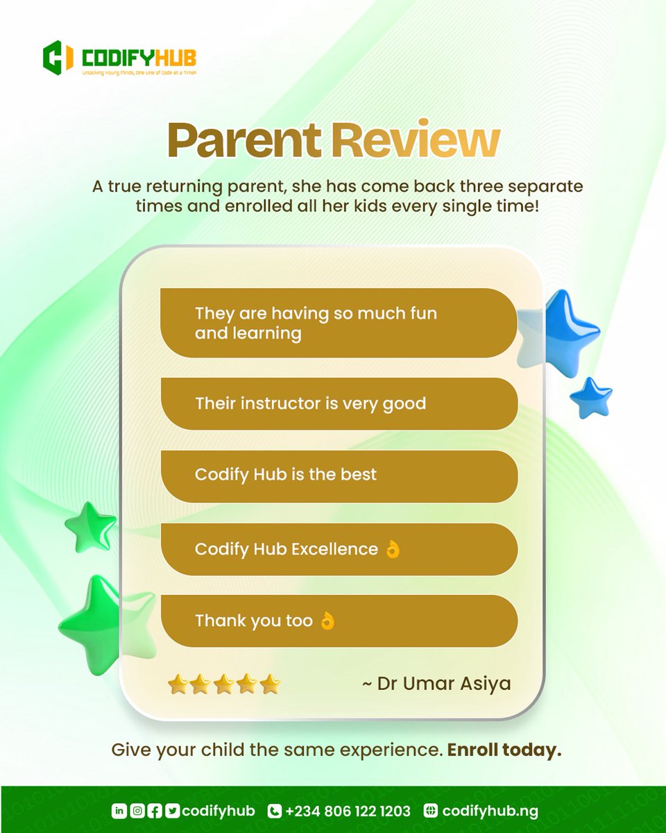 CodifyHub's tweet photo. "They are having so much fun and learning." 💻🌟

Repeat trust is the highest compliment we can receive. A heartfelt thank you to Dr. Umar Asiya for choosing CodifyHub time and time again for her children's tech education!

📞 Call/WhatsApp: +234 806 122 1203 https://t.co/bICJB6dASS