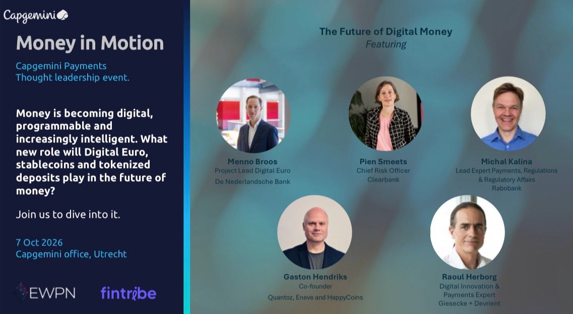 Quantoz's tweet photo. Gaston Hendriks, our Co-CEO and CTO, is joining a strong panel at Capgemini's Money in Motion event.

The session focuses on the future of digital money, covering how stablecoins, tokenised deposits and the Digital Euro might actually coexist, and what that means for banks and payments infrastructure. Timely questions, and the kind of room where the conversation tends to cut through the usual noise.

The discussion draws on themes from Capgemini's World Payments Report, which looks at the rise of programmable and intelligent money.

Worth following if you want a grounded take on where digital money is actually heading in Europe.

#digitalmoney #stablecoins #payments
