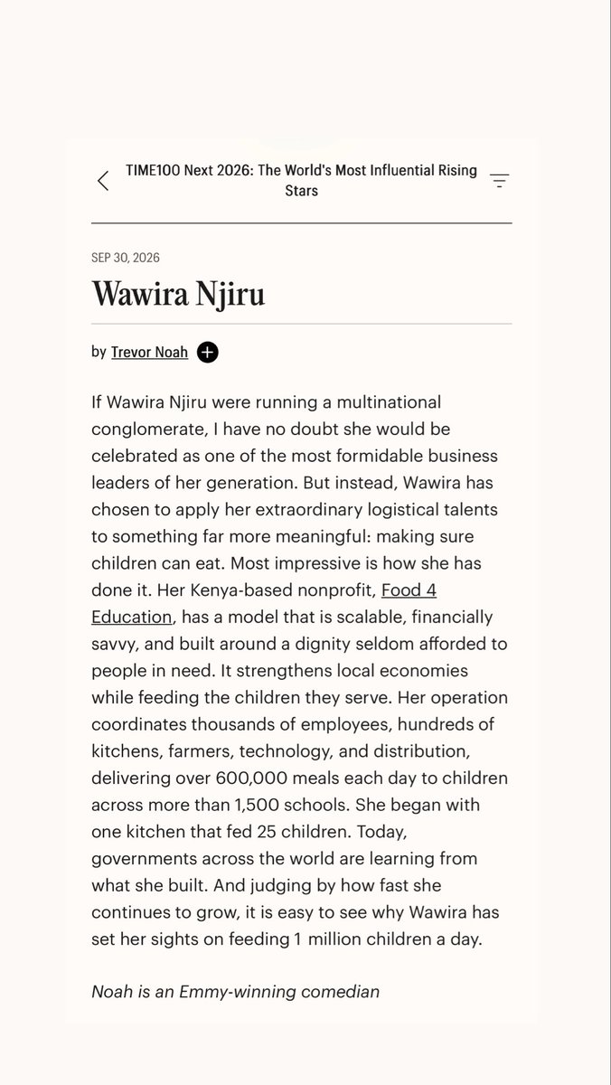 wawiranjiru's tweet photo. Honored to be named to this year’s #TIME100Next.

The world doesn’t always expect world-class organizations to be built in Africa, especially in school feeding. We’re changing that.

Proud of @Food4Education. And thank you, Trevor Noah, for seeing us. ❤️ https://t.co/Ovqb04vyIG