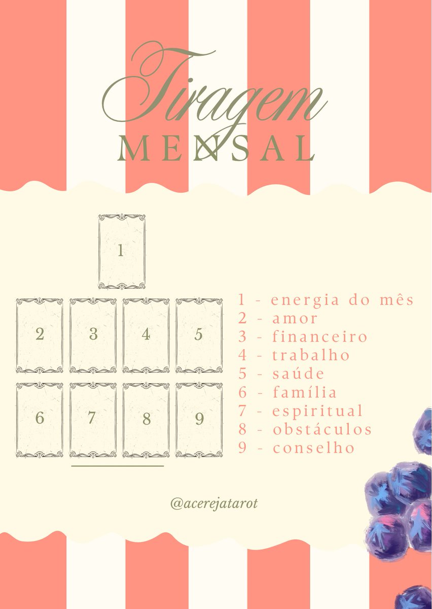 acerejatarot's tweet photo. metodo de hoje: tiragem mensal 🍒✧˚.✦˚

aproveitando o final do mês… 

9 cartas mostrando a energia geral do mês, mais um raio-x completo por área: amor, financeiro, trabalho, saúde, família, espiritual, obstáculos e um conselho final
perfeito pra começar o mês com mais direção 

bora marcar? (21) 97115-1576