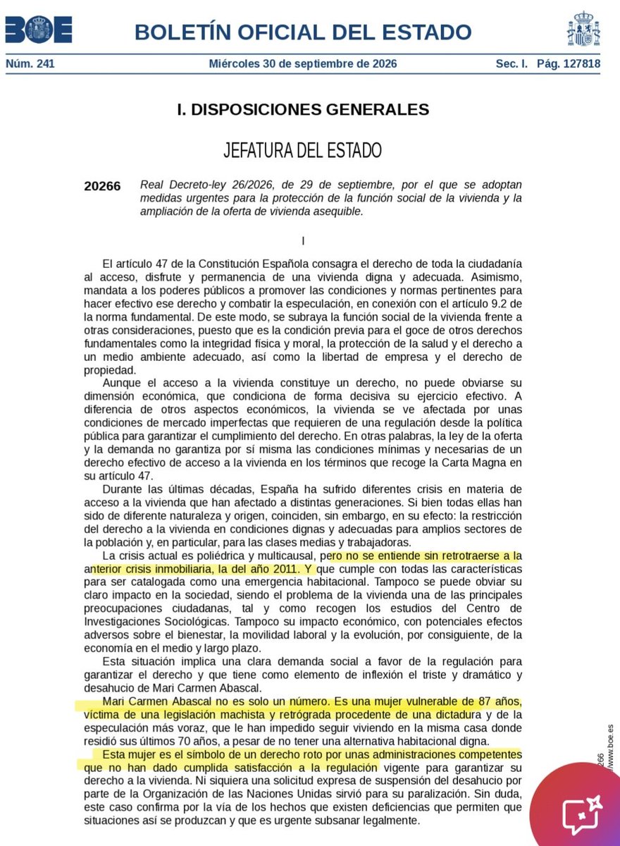 JosemaVallejo's tweet photo. Mienten en el relato, falsean la historia y, además, lo dejan escrito en el BOE.

⚠️Lo que dice el Decreto:

La crisis no se entiende sin retrotraerse a la anterior crisis inmobiliaria, la de 2011.

✅️La verdad: GOBERNABA EL PSOE.

⚠️Lo que dice el Decreto: 

Mari Carmen es víctima de una legislación machista y retrógrada procedente de una dictadura.

✅️La verdad: LA DICTADURA LE PERMITIÓ ESTAR ALLÍ Y EL PSOE LA HA DESAHUCIADO.

⚠️Lo que dice el Decreto:

Es el símbolo de un derecho roto por unas administraciones que no han dado satisfacción a la regulación vigente.

✅️La verdad: GOBIERNA EL PSOE.