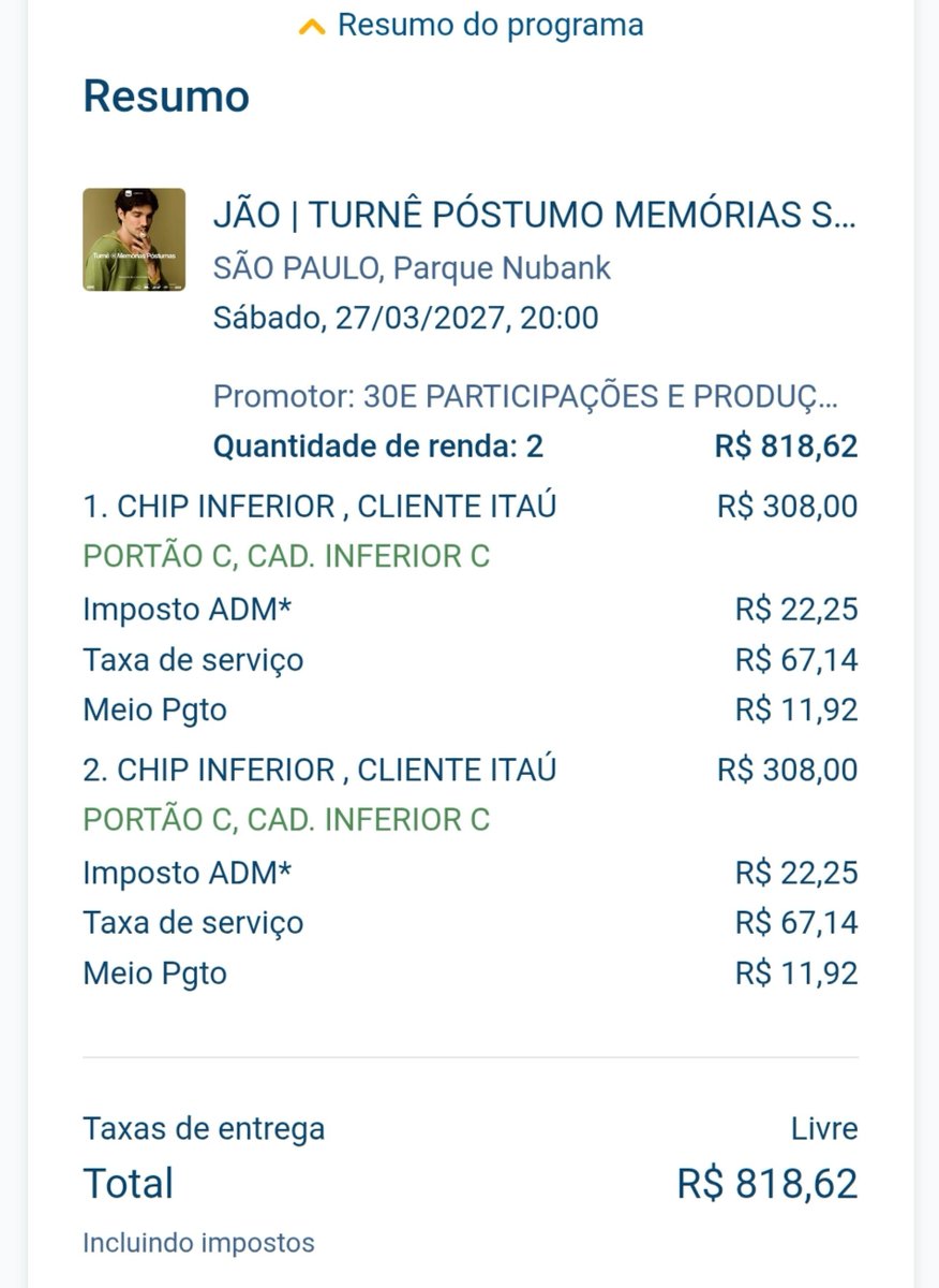 nayla_cl's tweet photo. 200 reais de taxa, praticamente o valor de outro ingresso
Taxa de serviço deveria ser uma por compra, afinal não comprei dois ingressos separadamente https://t.co/Qj7ZAxUQjU