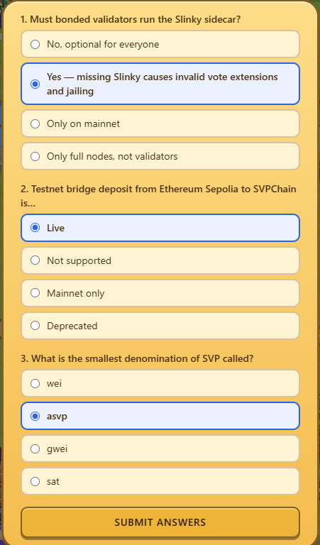 hanbang618's tweet photo. Hi guys,
Today Daily Quiz: Answer 3 quick questions about SVP Chain. All correct to claim 30pt🎁
Today the questions about:
> Slinky
> Testnet bridge
> Smallest
#svpchaintestnet #svprewards #SVPChain https://t.co/IBA60vGzyy