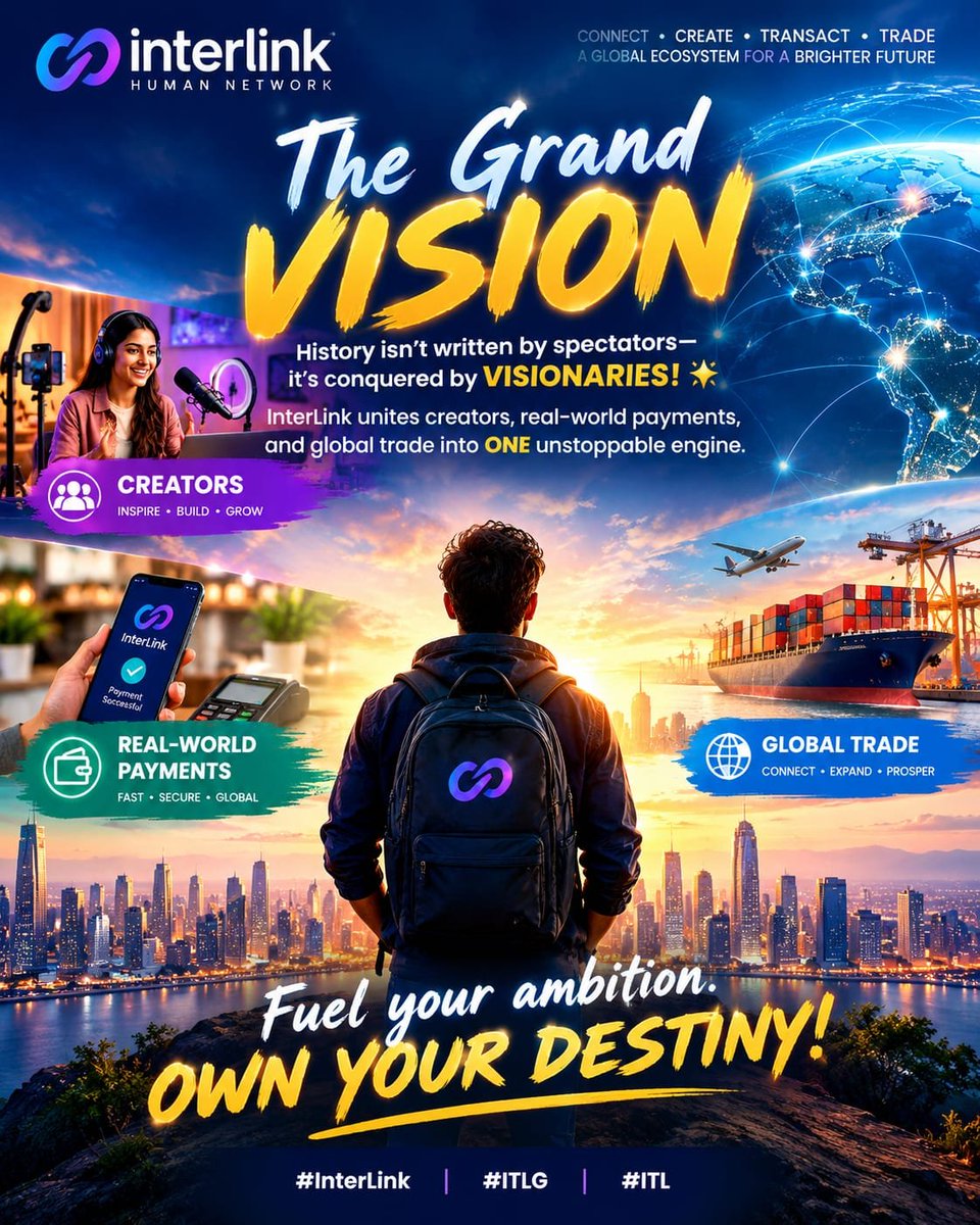 Umakaithi's tweet photo. The Grand Vision
History isn't written by spectators—it’s conquered by VISIONARIES! 🌟 InterLink unites creators, real-world payments, and global trade into ONE unstoppable engine.
Fuel your ambition. OWN YOUR DESTINY! 
#InterLink #ITLG #ITL https://t.co/v8BHh1GTs9