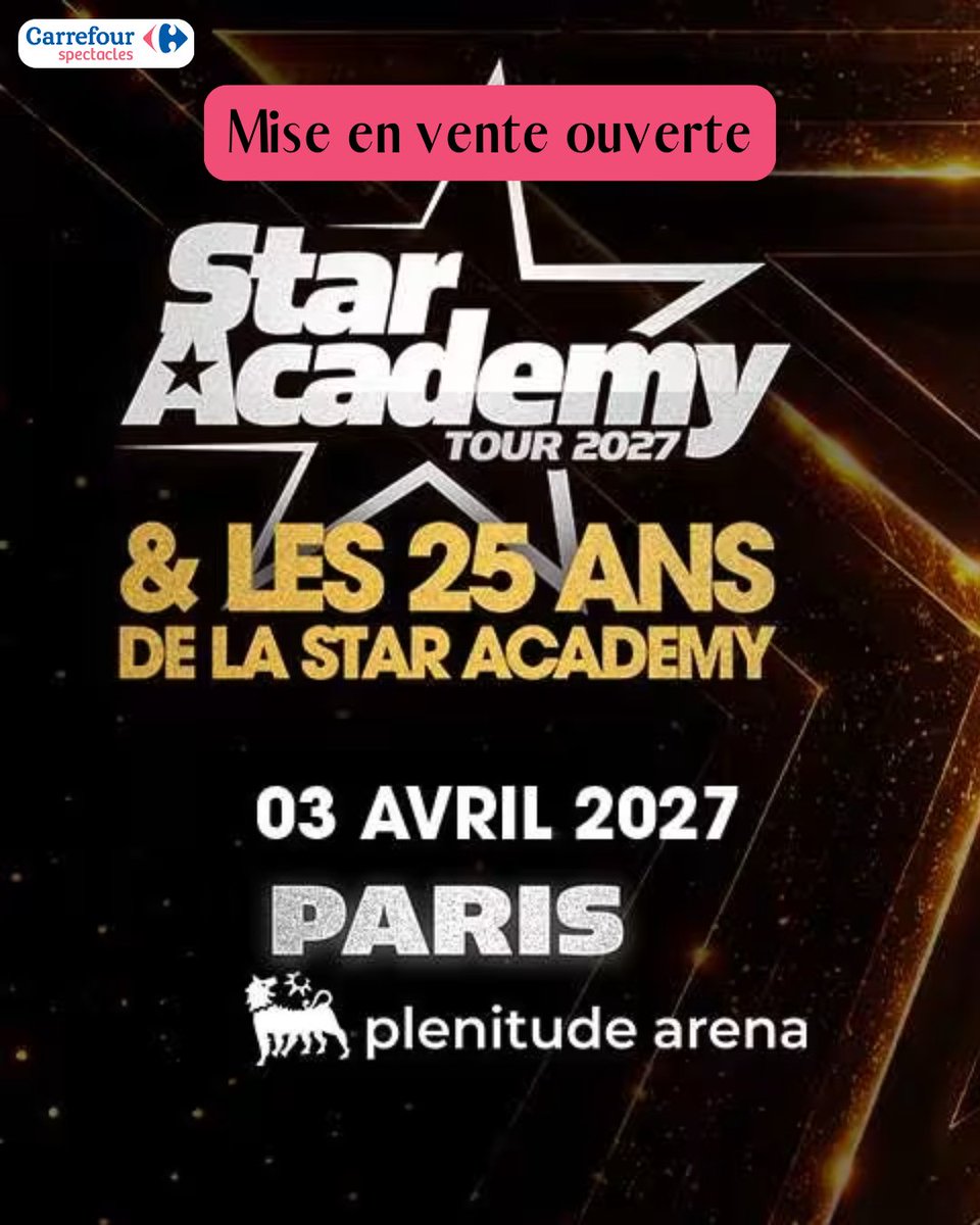 Carrefour_Spect's tweet photo. ✨ STAR ACADEMY A LA PLENITUDE ARENA : BILLETS DISPONIBLES ! 🎤⭐
La mise en vente générale est officiellement lancée !
🎟️ Réservation directe ici : https://t.co/jJ5IXT6K0N
#StarAcademy #StarAc #CarrefourSpectacles #Concert #MiseEnVente https://t.co/NFzXKeyJk0