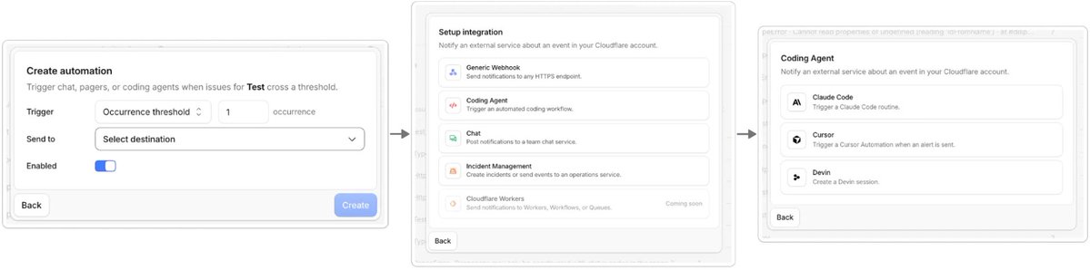irvinebroque's tweet photo. autofix production errors on Cloudflare

1. enable Issues (new)
2. add webhook to trigger your agent
3. give your agent the Cloudflare MCP server

issues above a threshold automatically trigger an agent to investigate, fix, and make a PR

https://t.co/uFVI0pKpP8 https://t.co/yNXwkbwPXE