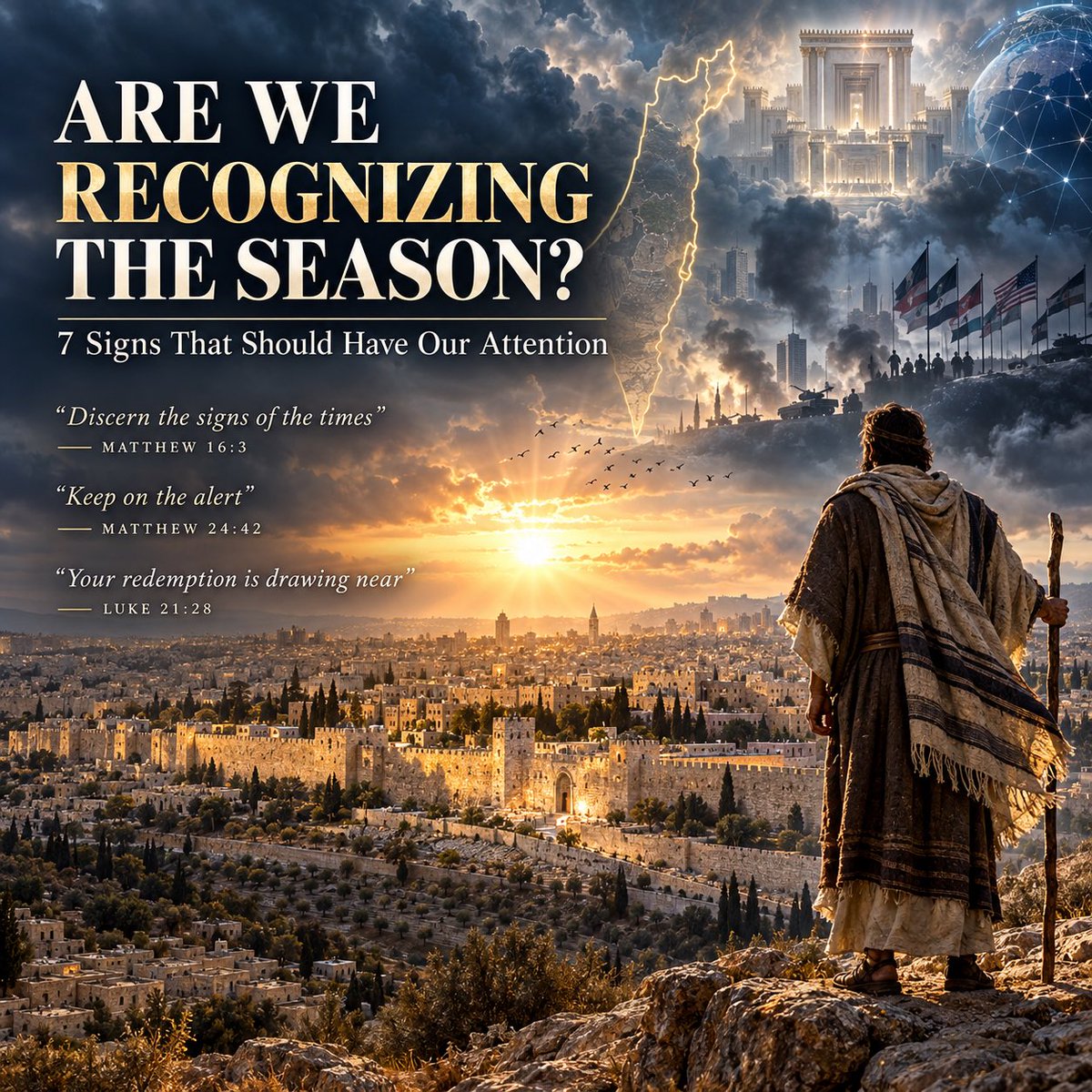Mark_Wilson_25's tweet photo. ARE WE RECOGNIZING THE SEASON?

7 Signs That Should Have Our Attention

Jesus said:

“Of that day and hour no one knows.”
Matthew 24:36

So this is not about date-setting.

But He also said

“You know how to discern the appearance of the sky, but cannot discern the signs of the times.”
Matthew 16:3

We are not called to calculate the day. We are called to watch.

1. ISRAEL IS BACK IN THE LAND

YHWH said:

“I will take you from the nations.”
“Gather you from all the lands.”
“Bring you into your own land.”
Ezekiel 36:24

Ezekiel adds:

“Gather them from every side.”
“Bring them into their own land.”
Ezekiel 37:21

Israel’s return means the prophetic setting exists again.

2. JERUSALEM IS AGAIN AT THE CENTER

Zechariah says:

“A heavy stone for all the peoples.”
Zechariah 12:3

“I will gather all the nations against Jerusalem.”
Zechariah 14:2

Then:

“His feet will stand on the Mount of Olives.”
Zechariah 14:4

Jerusalem is central prophetically.

3. ISRAEL IS RESTORED NATIONALLY BUT NOT YET SPIRITUALLY

The order matters.

“I will bring you into your own land.”
Ezekiel 36:24

“I will sprinkle clean water on you.”
Ezekiel 36:25

“I will give you a new heart.”
Ezekiel 36:26

Zechariah says:

“They will look on Me whom they have pierced.”
Zechariah 12:10

Paul says:

“A partial hardening has happened to Israel.”
Romans 11:25

Then:

“All Israel will be saved.”
Romans 11:26

4. THE TEMPLE SCENARIO IS POSSIBLE AGAIN

Daniel says:

“He will put a stop to sacrifice and grain offering.”
Daniel 9:27

Jesus says:

“The abomination of desolation… standing in the holy place.”
Matthew 24:15

Paul says:

“Takes his seat in the temple of God.”
2 Thessalonians 2:4

John is told:

“Measure the temple of God.”
Revelation 11:1

Today, that scenario is conceivable again.

5. THE NATIONS ARE DRAWN TOWARD ISRAEL

Ezekiel says:

“You will come up against My people Israel.”
Ezekiel 38:16

Zechariah says:

“All the nations of the earth will be gathered against it.”
Zechariah 12:3

Yet Scripture places tiny Israel near the center of the final conflict of the age.

6. THE BIRTH PAINS MOVE TOWARD A CLIMAX

Jesus warned:

“See to it that no one misleads you.”
Matthew 24:4

“Wars and rumors of wars.”
Matthew 24:6

“Nation will rise against nation.”
Matthew 24:7

“Famines and earthquakes.”
Matthew 24:7

Then:

“All these things are merely the beginning of birth pains.”
Matthew 24:8

And

“Because lawlessness is increased, most people’s love will grow cold.”
Matthew 24:12

The significance is convergence.

7. A WORLD CAPABLE OF REVELATION 13 NOW EXISTS

Revelation says:

“No one will be able to buy or to sell.”
Revelation 13:17

John describes the result, not modern technology by name.

But the kind of economic control Revelation describes is now technologically conceivable on a worldwide scale.

Technology is not the mark, but the infrastructure for unprecedented control exists.

THE POINT IS CONVERGENCE

Israel is back in the land.

“Bring you into your own land.”

Jerusalem is central.

“A heavy stone for all the peoples.”

Israel awaits spiritual awakening.

“They will look on Me whom they have pierced.”

The Temple remains prophetically significant.

“The temple of God.”

The nations gather.

“Against Jerusalem.”

The birth pains continue.

“The beginning of birth pains.”

Global control is conceivable.

“No one will be able to buy or to sell.”

We do not know the day or hour.

But Jesus told us:

“Keep on the alert.”
Matthew 24:42

“Be ready.”
Matthew 24:44

Not panic. Not speculate. Not set dates.

Watch.

Stay ready.

Remain faithful.

Live expectantly.

And remember:

“Straighten up and lift up your heads, because your redemption is drawing near.”
Luke 21:28