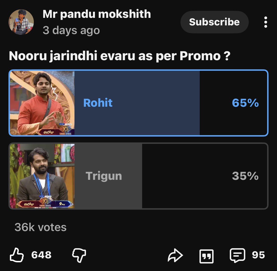 BBTen_Troller's tweet photo. Youtube polls lo full ga bots nimpesaru. Poll lo #Rohit peru kanipistey vesestunaru. 
All polls irrespective of question, lead lo unadu 🤣🤣🤣

Iddekadi mass bots ra babu 👌
@adireddyfantasy Idhi me favorite rohit bots vyaparam 😀
#BiggbossTelugu10 https://t.co/FOyshyzrNF