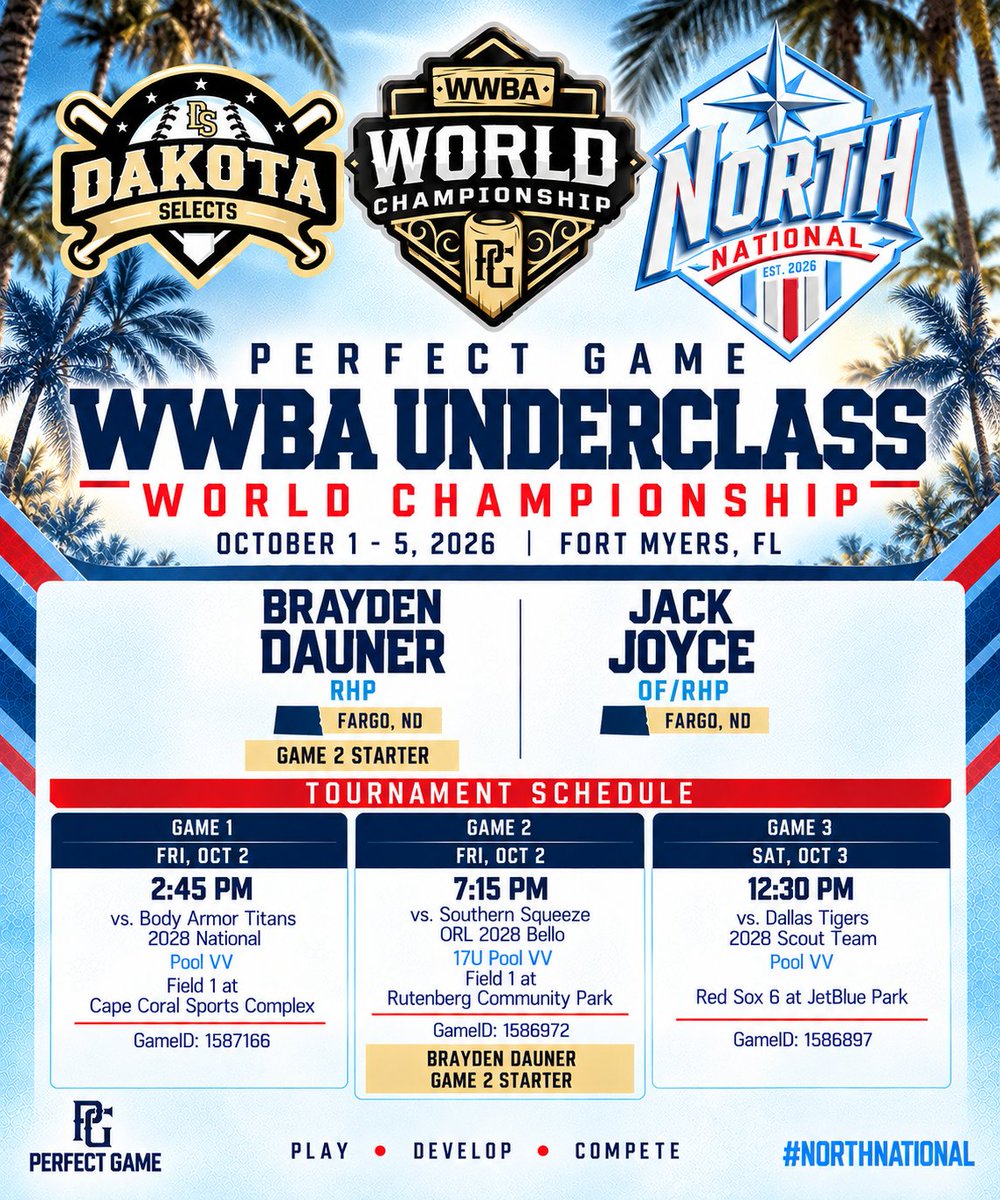dakota_selects's tweet photo. Good luck to @Dauner_12  and @JackJoyce330 as they head to Fort Myers, FL for the PG WWBA Underclass World Championship to play with @northnationals!

Another opportunity to compete on the national stage and represent North Dakota.

PRIDE. DESIRE. HARDWORK. #PDH

#DakotaSelects #NorthNational #WWBA
