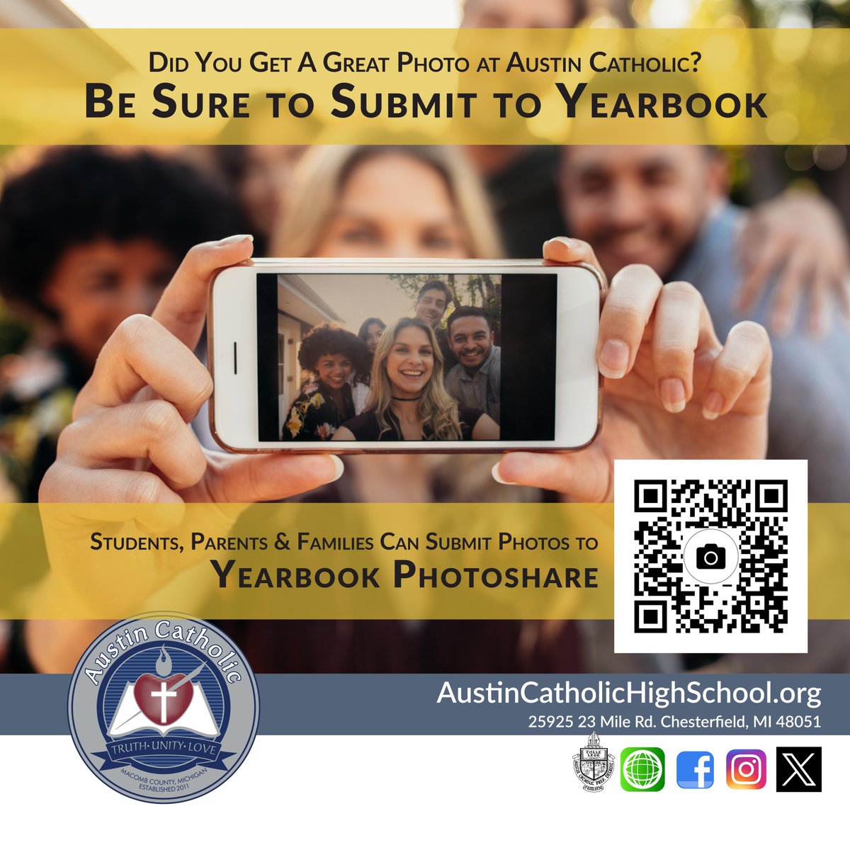 austincatholic's tweet photo. Calling All Photographers! 📷
Students, parents and families are encouraged to share photos from Austin Catholic High School events by uploading them through the Photoshare QR code.
#AustinCatholicHighSchool #ACHS #Yearbook #CrusaderMemories #CaptureTheMoment #crusaderlife https://t.co/Cwct1kkngl